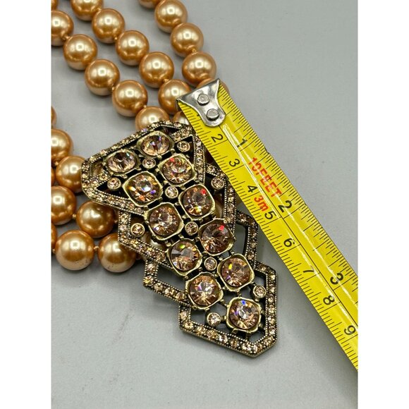 Heidi Daus Champagne Pearls Triple Strand Necklace Large Crystals Pave Pendant - Picture 8 of 8